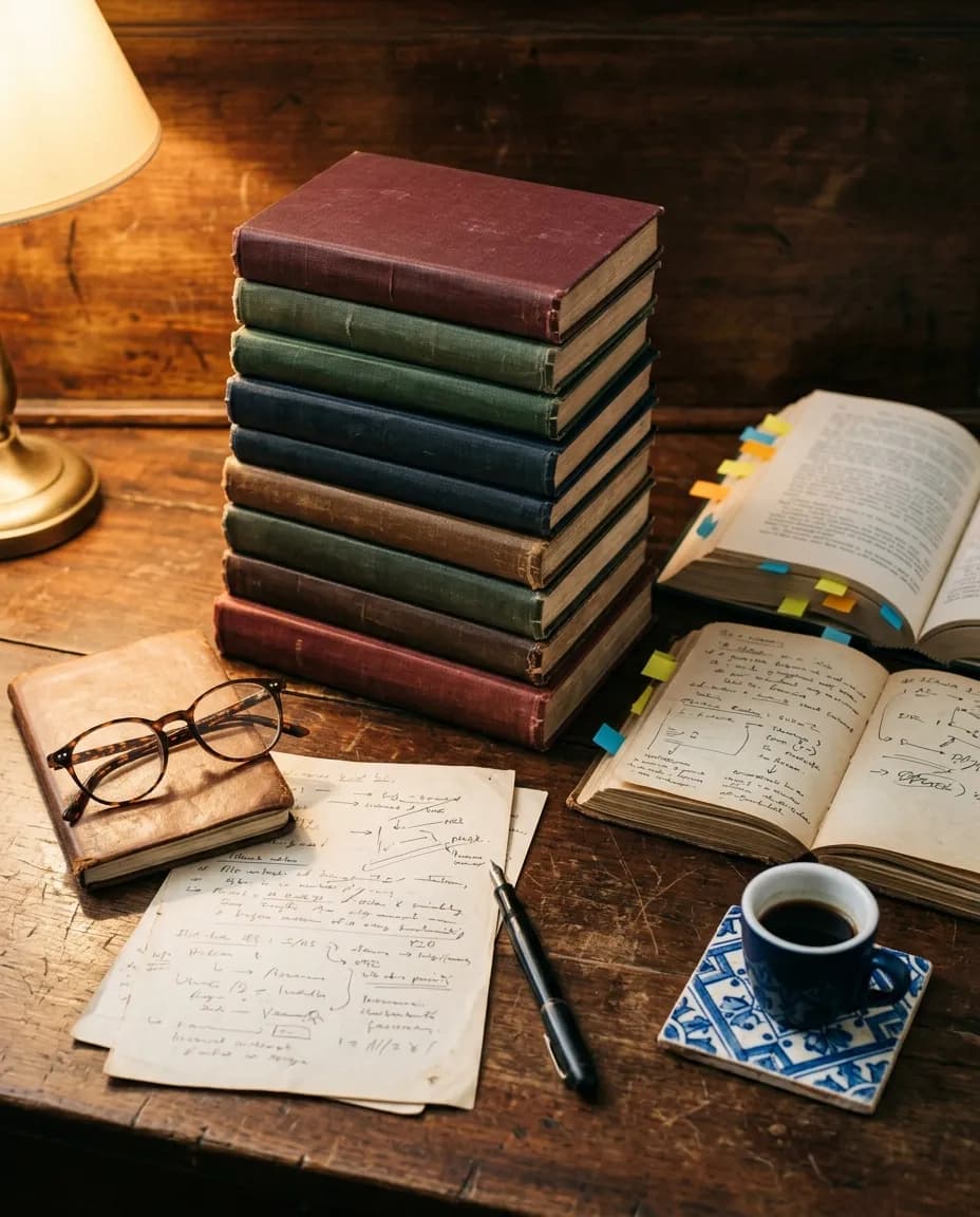 Uma pilha de livros gastos, óculos de leitura e notas manuscritas numa secretária de madeira