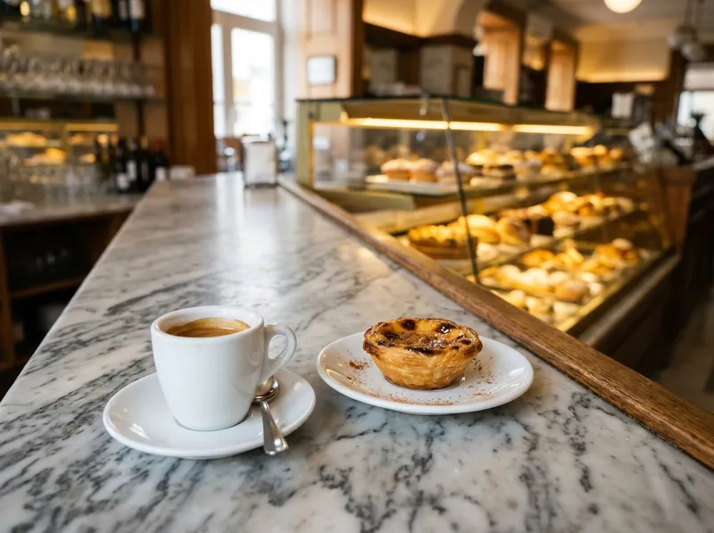 Um café e um pastel de nata num balcão de mármore