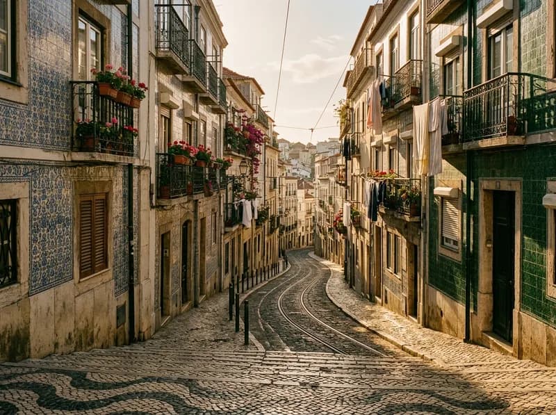 Uma rua inclinada de Lisboa com calçada portuguesa e fachadas de azulejo