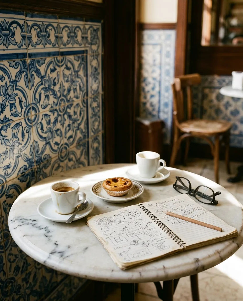 Duas chávenas de café e um caderno aberto numa mesa de café junto a uma parede de azulejos